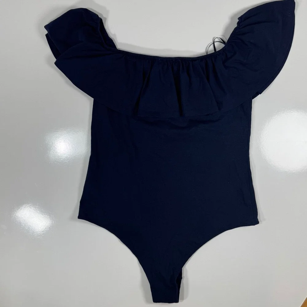 J. Crew Ruffle Off Shoulder‎ Bodysuit Navy Blue Stretch Cotton Blend Large